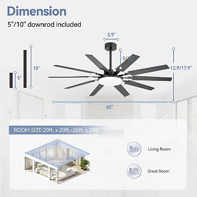 60-Inch indoor fan, 10 plywood blades, DC motor, 3-color LED light, remote, 5/10" downrods