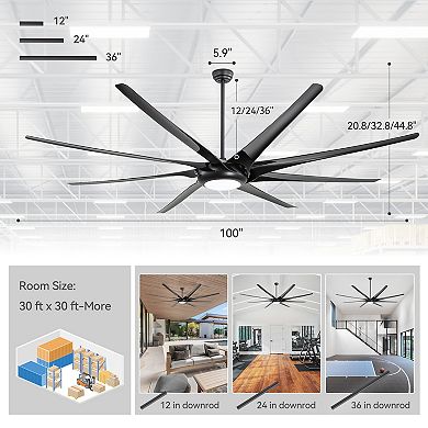 100 Inch HVLS Commercial Ceiling Fan with Light, 8 ABS Blades, 6-Speed Remote, 12/24/36'' Downrods