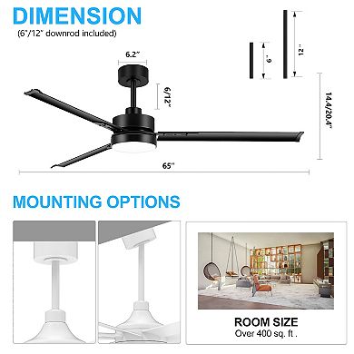 65-Inch ceiling fan, 3 aluminum blades, 3-color light, 6-speed DC motor, remote, timer, memory
