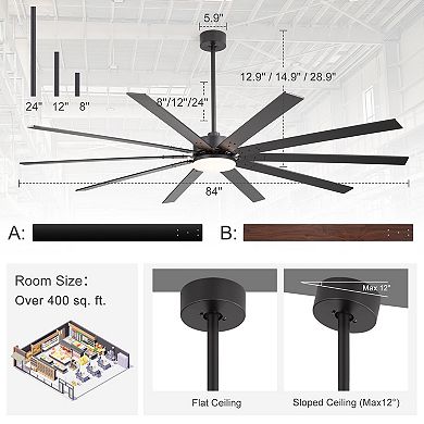 84-Inch LED fan, 10 plywood blades, 8/12/24" downrods, 6-speed remote