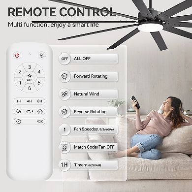 84-Inch LED fan, 10 plywood blades, 8/12/24" downrods, 6-speed remote