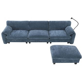 Whisen L-Shaped Chenille Sectional Sofa with Wide Seat, Charger, Phone Holder & Pockets - Blue Gray