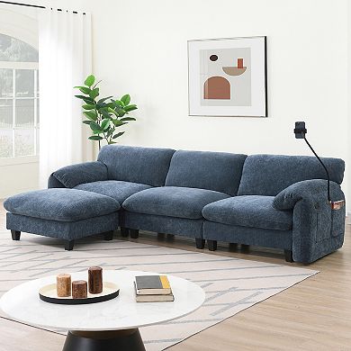 Whisen L-Shaped Chenille Sectional Sofa with Wide Seat, Charger, Phone Holder & Pockets - Blue Gray