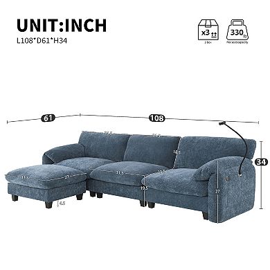 Whisen L-Shaped Chenille Sectional Sofa with Wide Seat, Charger, Phone Holder & Pockets - Blue Gray