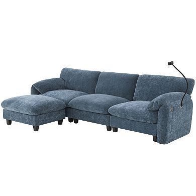 Whisen L-Shaped Chenille Sectional Sofa with Wide Seat, Charger, Phone Holder & Pockets - Blue Gray