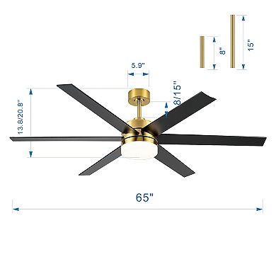 65-Inch large fan, 6 reversible blades, DC motor, 3-color LED light, remote, 6/12" downrods