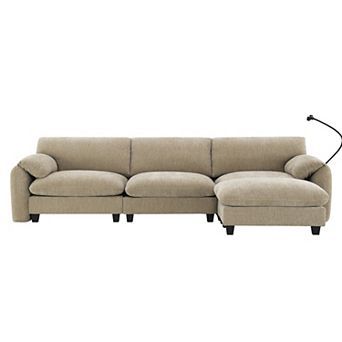 Whisen L-Shaped Chenille Sectional Sofa with Wide Seat, Charger, Phone Holder & Pockets - Beige