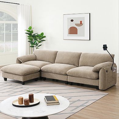 Whisen L-Shaped Chenille Sectional Sofa with Wide Seat, Charger, Phone Holder & Pockets - Beige