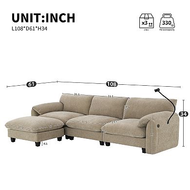 Whisen L-Shaped Chenille Sectional Sofa with Wide Seat, Charger, Phone Holder & Pockets - Beige