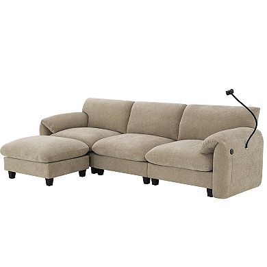 Whisen L-Shaped Chenille Sectional Sofa with Wide Seat, Charger, Phone Holder & Pockets - Beige
