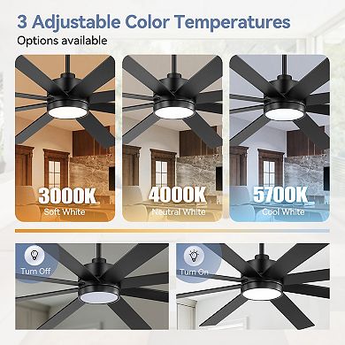 72-Inch ceiling fan, 8-blade, 3-color light, 6-speed DC motor, 6/20" downrods, remote, timer