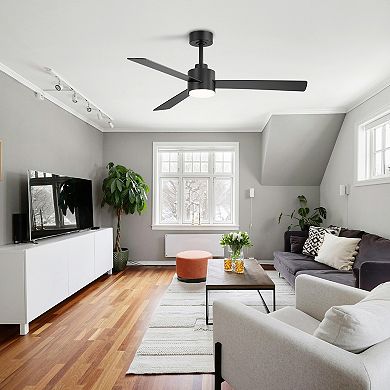 52-Inch fan, 3 plywood blades, 3-color light, 6-speed DC motor, 5&10" downrods, remote