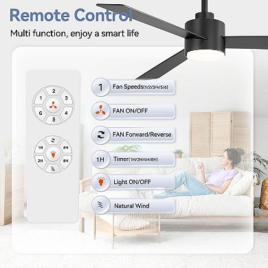52-Inch fan, 3 plywood blades, 3-color light, 6-speed DC motor, 5&10" downrods, remote