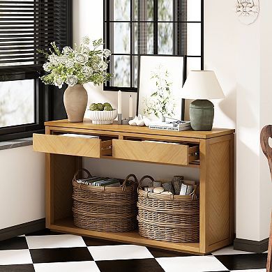 Whisen Rustic Wooden Console Table, Entryway Table with Storage Drawers and Open Shelf - Natural