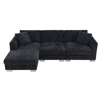 Whisen 4-seat Modern Sectional Sofa, L-shaped Couch Set with Chaise and 2 Pillows - Black