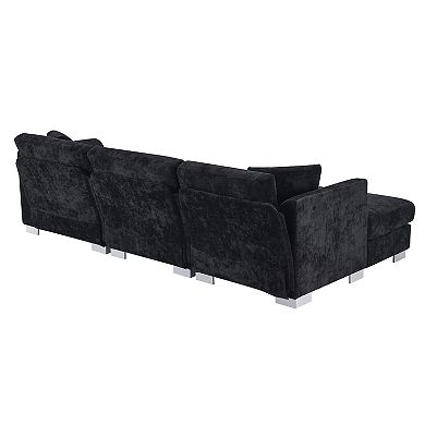 Whisen 4-seat Modern Sectional Sofa, L-shaped Couch Set with Chaise and 2 Pillows - Black