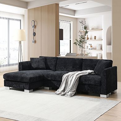 Whisen 4-seat Modern Sectional Sofa, L-shaped Couch Set with Chaise and 2 Pillows - Black
