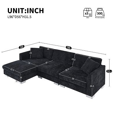 Whisen 4-seat Modern Sectional Sofa, L-shaped Couch Set with Chaise and 2 Pillows - Black