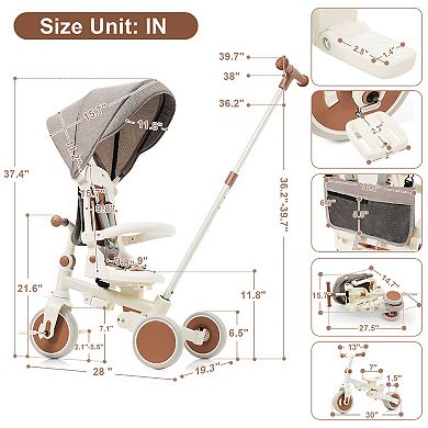 Whisen 7-in-1 Foldable Toddler Tricycle, Toddler Push Bike with Removable Handle