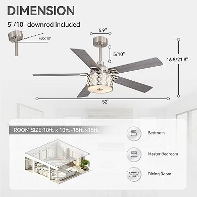 52-Inch ceiling fan, light, 5 dual-finish blades, remote, 5/10" downrods