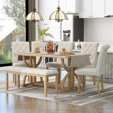 Whisen 6-Piece Retro Dining Table Set with 4 Upholstered Chairs and Bench - Natural Wood Wash
