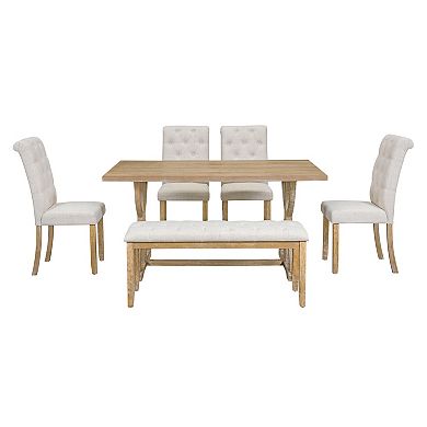 Whisen 6-Piece Retro Dining Table Set with 4 Upholstered Chairs and Bench - Natural Wood Wash