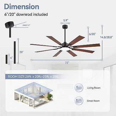 72-Inch Ceiling fan, 8 plywood blades, 3-color light, 6-speed DC motor, 6/20" downrods, remote