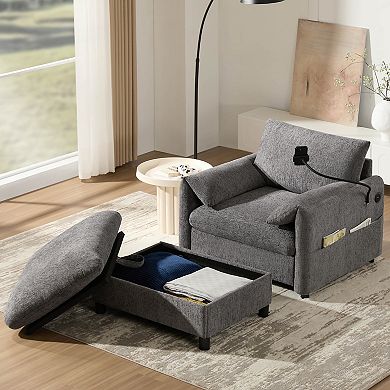 Whisen Single Sofa with Storage Ottoman, Adjustable Phone Holder, Charger, Side Pockets Gray