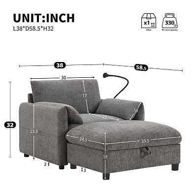Whisen Single Sofa with Storage Ottoman, Adjustable Phone Holder, Charger, Side Pockets Gray
