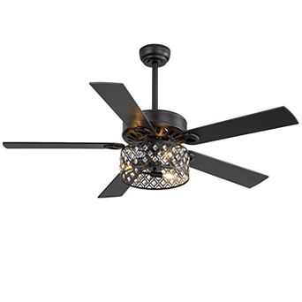 52-Inch ceiling fan, light, crystal drum shade, 5 dual-finish blades, remote, 5&10" downrods