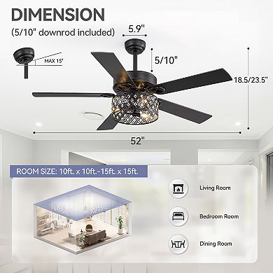 52-Inch ceiling fan, light, crystal drum shade, 5 dual-finish blades, remote, 5&10" downrods