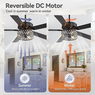 52-Inch ceiling fan, light, crystal drum shade, 5 dual-finish blades, remote, 5&10" downrods