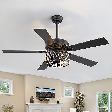 52-Inch ceiling fan, light, crystal drum shade, 5 dual-finish blades, remote, 5&10" downrods