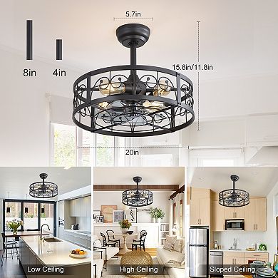 20-Inch indoor caged fan, light, remote, KD, 7 ABS blades, 6-speed DC motor