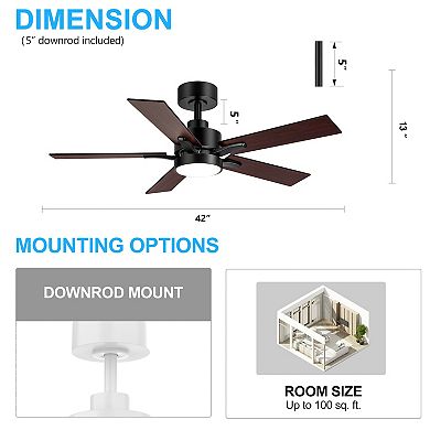 42-Inch ceiling fan, integrated LED light, 6-speed DC motor, remote, reversible blades