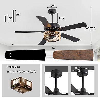 52-Inch Ceiling Fan with Light, 5 Reversible Blades, E26 Bulb Socket, DC Motor, Remote control