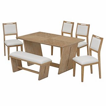 Whisen 6 pc Retro Dining Table Set with 60" Wood Kitchen Table, 4 Chairs and 1 Bench - Natural