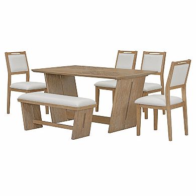 Whisen 6-Piece Retro Dining Table Set with 60" Wood Kitchen Table, 4 Chairs and 1 Bench - Natural