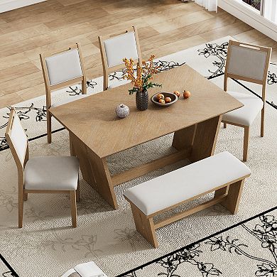 Whisen 6-Piece Retro Dining Table Set with 60" Wood Kitchen Table, 4 Chairs and 1 Bench - Natural