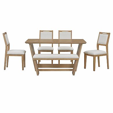 Whisen 6-Piece Retro Dining Table Set with 60" Wood Kitchen Table, 4 Chairs and 1 Bench - Natural