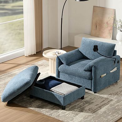 Whisen Single Sofa with Storage Ottoman, Adjustable Phone Holder, Charger, Side Pockets Blue