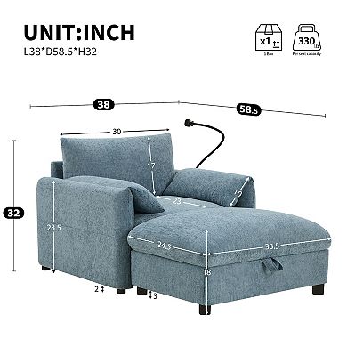 Whisen Single Sofa with Storage Ottoman, Adjustable Phone Holder, Charger, Side Pockets Blue
