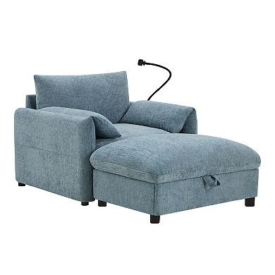 Whisen Single Sofa with Storage Ottoman, Adjustable Phone Holder, Charger, Side Pockets Blue