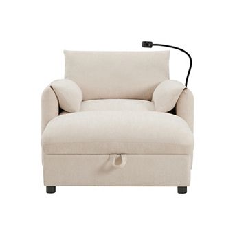 Whisen Single Sofa with Storage Ottoman, Adjustable Phone Holder, Charger, Side Pockets - Beige