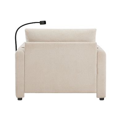 Whisen Single Sofa with Storage Ottoman, Adjustable Phone Holder, Charger, Side Pockets - Beige