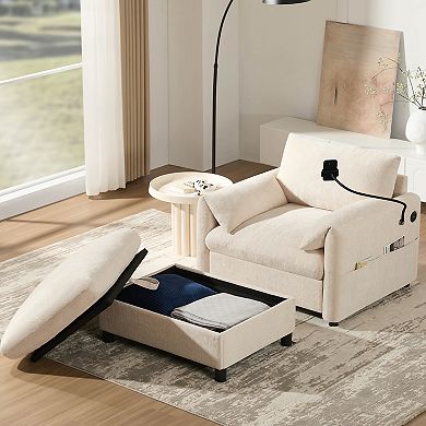 Whisen Single Sofa with Storage Ottoman, Adjustable Phone Holder, Charger, Side Pockets - Beige