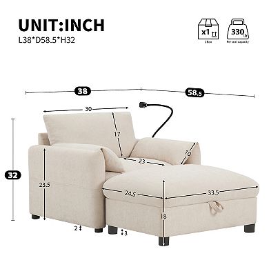 Whisen Single Sofa with Storage Ottoman, Adjustable Phone Holder, Charger, Side Pockets - Beige