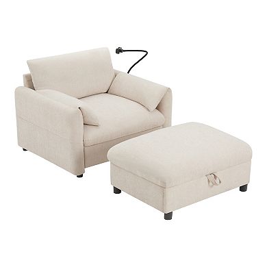 Whisen Single Sofa with Storage Ottoman, Adjustable Phone Holder, Charger, Side Pockets - Beige