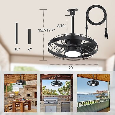 20-Inch Caged Ceiling Fan with LED Light and Remote, 5 ABS Blades, 6&10 inch Downrods Included