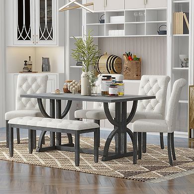 Whisen 6-Piece Retro Dining Table Set with 4 Upholstered Chairs and Bench - Gray Wash